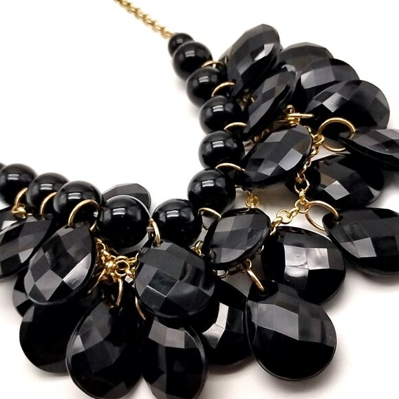 Black Faceted Resin Statement Bib Necklace Gold-tone Chain NWOT - Picture 10 of 14